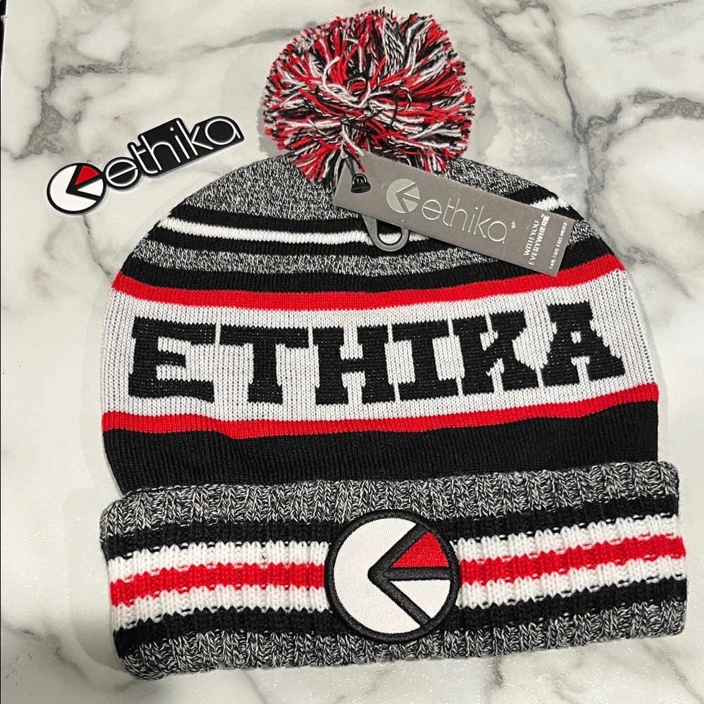 ethika Red Black White Pom Pom Knit Beanie